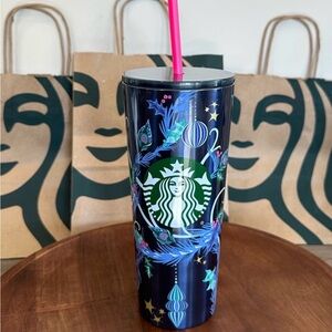 Starbucks Navy Blue Holiday Tumbler with Green Logo and Pink Straw